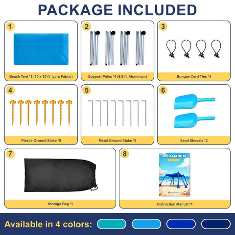 Package contents of Pop Up Beach Canopy Sun Shelter with UPF Fifty, includes tent, poles, stakes, ties, shovels, and manual.