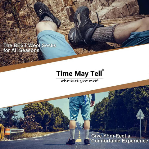 Man wearing Merino Wool Hiking Cushion Socks For Men, Thermal Warm Crew Socks, exploring outdoors with brown socks, US Size 9-13.