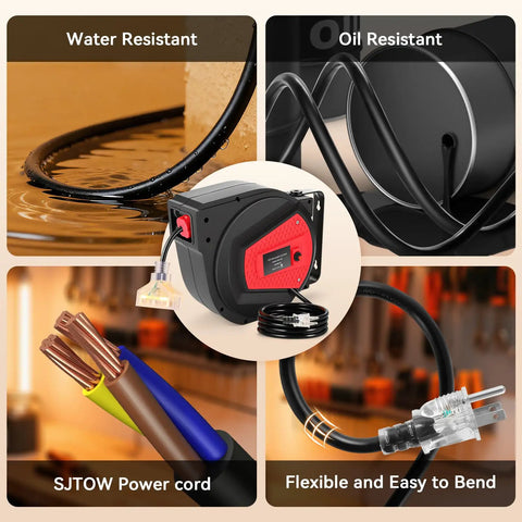 Auto Retracting 50 Foot Heavy Duty Cord Reel For Garage And Workshop with water and oil resistant SJTOW power cord details