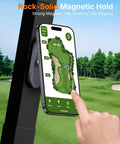 Magnetic Golf Cart Phone Holder That Snaps On And Keeps Your iPhone 16 Pro Max 15 14 13 12 Plus Stays Put On Bumpy Rides Perfect Golf Course Accessory For Men And Women Quick Install And Strong Hold with person pointing at mounted phone showing golf course map.