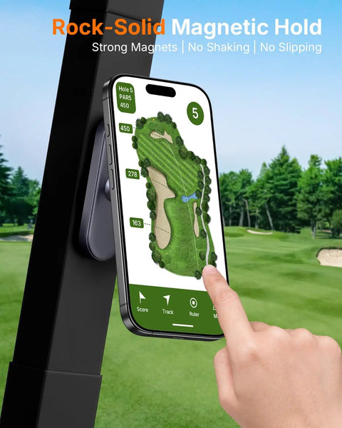 Magnetic Golf Cart Phone Holder That Snaps On And Keeps Your iPhone 16 Pro Max 15 14 13 12 Plus Stays Put On Bumpy Rides Perfect Golf Course Accessory For Men And Women Quick Install And Strong Hold with person pointing at mounted phone showing golf course map.