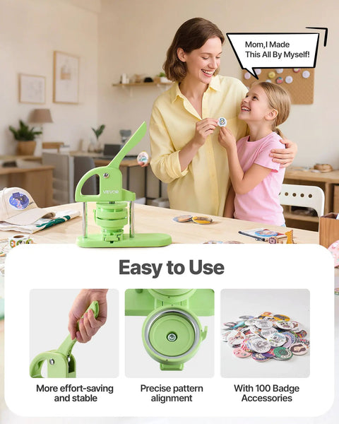 Easy Peasy DIY Button Maker Kit For Badges And Key Chains, 75mm Plastic Pin Press With 100 Button Parts, green in use