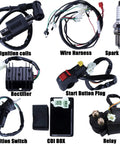 Complete ATV Wiring Harness Kit With Beefed Up CDI Ignition Coil Solenoid Relay Spark Plug Set For Chinese 4 Stroke Quad Dirt Bike Go Kart 150cc 200cc 250cc Replacement components including wire harness, CDI box, and ignition switch.