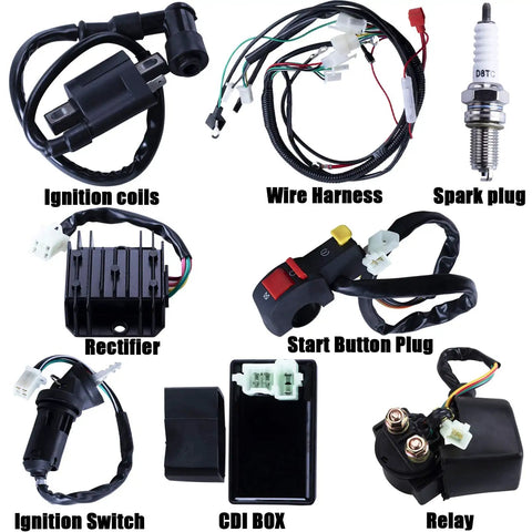 Complete ATV Wiring Harness Kit With Beefed Up CDI Ignition Coil Solenoid Relay Spark Plug Set For Chinese 4 Stroke Quad Dirt Bike Go Kart 150cc 200cc 250cc Replacement components including wire harness, CDI box, and ignition switch.