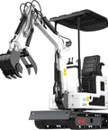 Compact 1.2 Ton Pilot Control Gasoline Mini Excavator With Lawn Mower Attachment For Farm Use Fits Tight Spots And Is Easy To Maneuver Versatile Farm Machine With Car Cover Included, side view showing tracks and bucket.