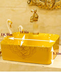 Rectangle Vessel Sink For Bathroom,Gold Bathroom Ceramic Vessel Sink Above Counter Bathroom Vanity Sink Bowl with measurements.