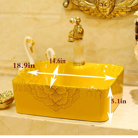 Rectangle Vessel Sink For Bathroom,Gold Bathroom Ceramic Vessel Sink Above Counter Bathroom Vanity Sink Bowl with measurements.