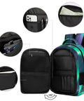 Dope Aurora Astronaut Print Unisex Backpack open showing compartments and pockets, lightweight polyester daypack