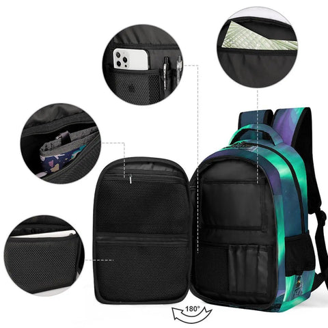 Dope Aurora Astronaut Print Unisex Backpack open showing compartments and pockets, lightweight polyester daypack