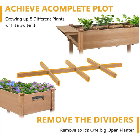 Mobile Raised Garden Bed With Lockable Wheels, Elevated Wood Planter With Storage Shelf And Protective Liner, shown with plant dividers and grid