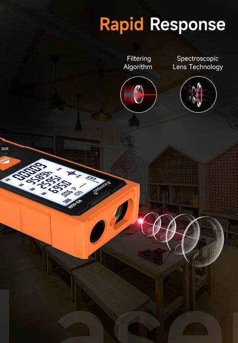 60m Laser Distance Measure With Backlit Screen And Cross Laser, Digital Tape Conversion, 196ft Range, Electronic Angle And Area Volume Calculator For DIY Renovations And Pro Jobs, Shop Ready And Handy orange laser distance meter on workshop background