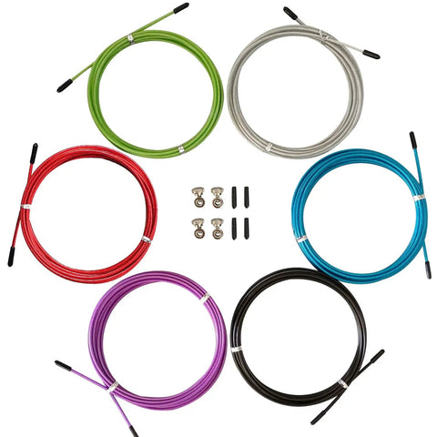 Six Pack 10ft Replacement Jump Rope Cables with 2.5mm Stainless Steel Wire and Polymer Coating, colorful cables with end caps and screws