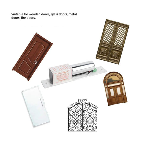 Heavy Duty 12v Electric Drop Bolt Lock With Magnetic Self Locking Deadbolt on various door types including wooden, glass, and metal.
