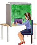 Ditch The Echo And Capture Clean Vocals With This Portable Foldable Microphone Isolation Shield Soundproof Booth High Density Foam Panel For Desktop Podcasting Setup in use with a laptop.