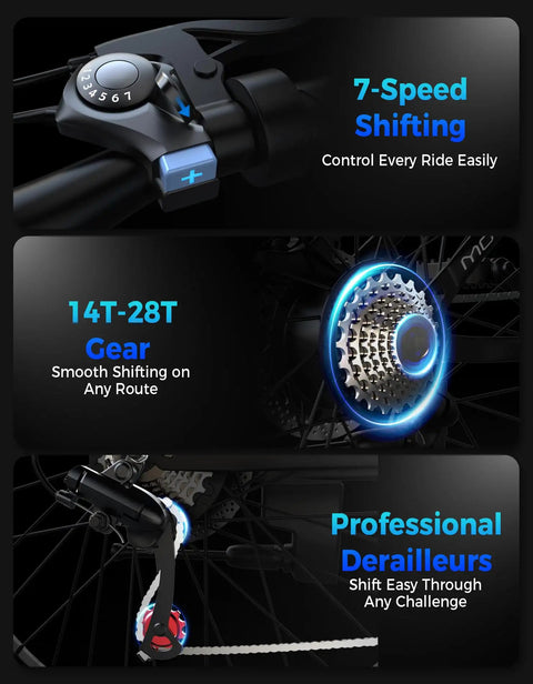 Close-up of 7-speed shifting gears on Beast 1500W Peak Mountain Ebike For Adults, highlighting 14T-28T gear and derailleur system.