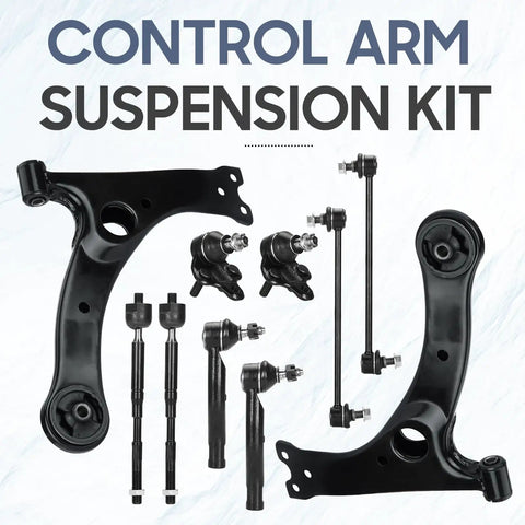 Toyota Corolla Front Lower Control Arm Kit With Ball Joint For 2003 2004 2005 2006 2007 2008 10pc Set Includes Front Ball Joints Sway Bar Links Inner And Outer Tie Rods For Smooth Steering And Reliable Suspension. black steel suspension kit with control arms, ball joints, sway links, and tie rods
