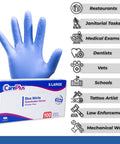 Blue nitrile glove and box, highlighting uses for restaurants, medical, mechanical work, and more.