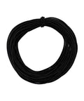 Coiled black bungee cord, quarter inch by 100 feet, with diamond-pattern sheath, heavy-duty shock cord for camping, kayak deck, DIY crafts.