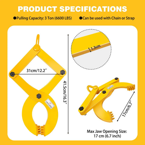 Pallet Puller 3T 6600 Lbs Capacity Heavy Duty Scissor Clamp For Forklifts with 6.7 Inch Jaw Opening and Solid Steel Construction.