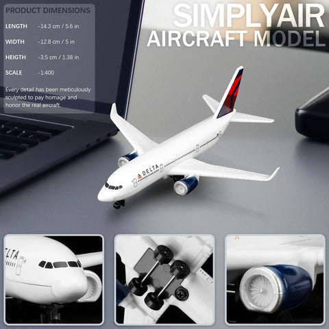 Delta 1/400 Scale Airplane Model For Collection And Display With Alloy Body And Plastic Base, detailed shots and dimensions