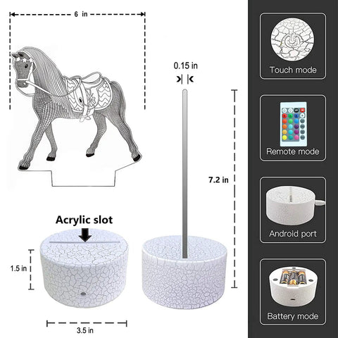 Horse Night Light for Kids Room With 16 Color Change Remote and Smart Touch, acrylic panel dimensions and base view