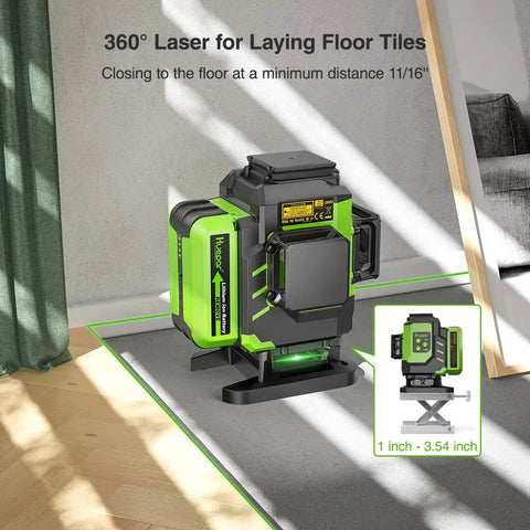 3D Self Leveling Laser Level With 3x360 Green Beam For Tiling Floors in action, showing laser lines on wooden floor.