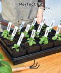 Close-up of 60 Count Square Nursery Pots 3.3 Inch With Drain Holes Seed Starter Tray Kit with mint seedlings and labels.