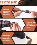 Hands attaching the 5/16 inch hex adapter of the Heavy Duty Hanger Bolt Driver Kit With Hex Shanks to a power drill.