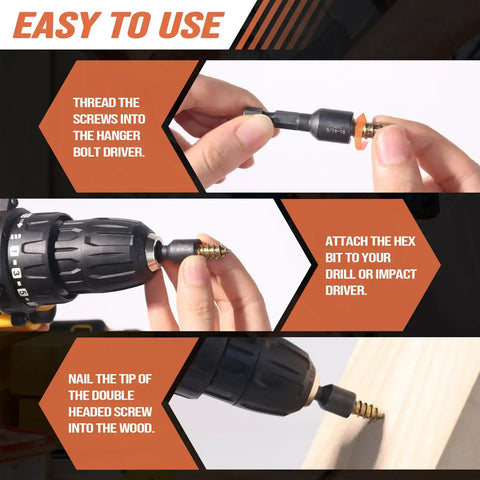 Hands attaching the 5/16 inch hex adapter of the Heavy Duty Hanger Bolt Driver Kit With Hex Shanks to a power drill.