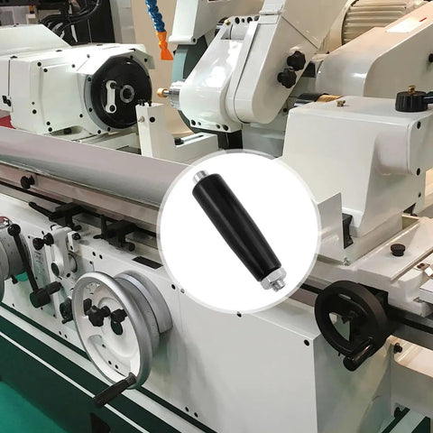 Revolving Hand Knob for Lathe M10x80mm Threaded Handwheel, Durable Plastic Casing With Metal Nut, shown on a lathe machine