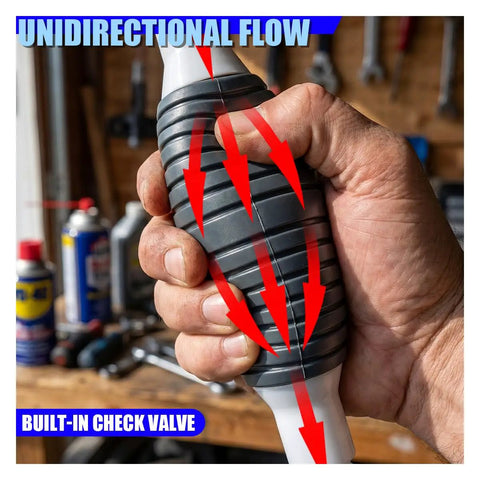 No Sweat Manual Car Fluid Siphon Pump hand-held with built-in check valve for unidirectional flow in fluid transfer.