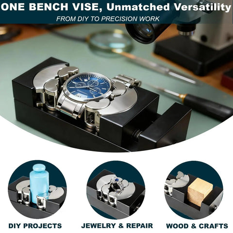 Beefy Heavy Duty Multi Material Workbench Vise With Universal Clamping for watches, jewelry, and small objects in precision work.