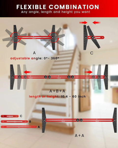 Aluminum Stair Tread Template Tool 8 To 60 Inch Jig For Accurate Angle Length And Depth Measurement Pro Grade