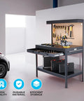 Heavy Duty Steel Workbench with Pegboard Drawers Light and Power Outlets 48 x 25 Inch Garage Workshop Table next to a car