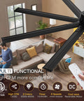 84 Inch Smart Outdoor Ceiling Fan With Light Knockout Industrial Design Eight Anodized Aluminum Blades Quiet Dc Motor Serious Airflow Built Tough Weatherproof in Black, interior view.