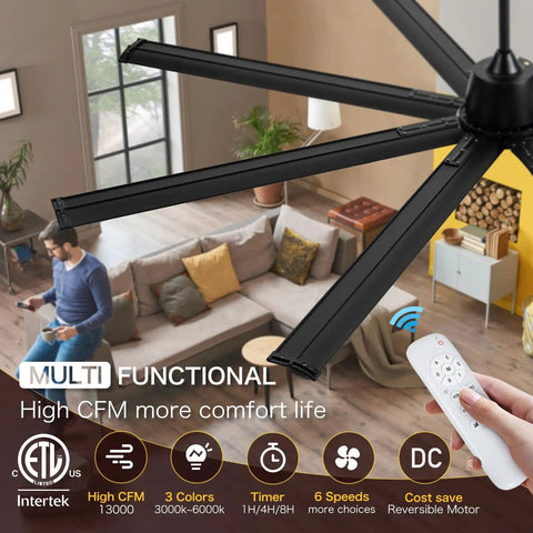 84 Inch Smart Outdoor Ceiling Fan With Light Knockout Industrial Design Eight Anodized Aluminum Blades Quiet Dc Motor Serious Airflow Built Tough Weatherproof in Black, interior view.