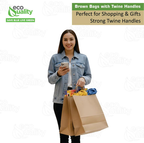 Smiling woman holding Large Brown Paper Bags With Handles 14x8x16 Inches Bulk Takeout Grocery Gift Bags, filled with items.