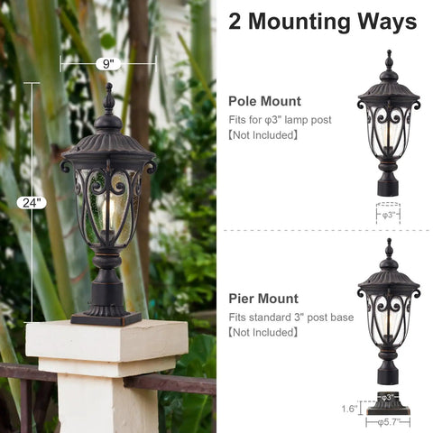 Vintage Outdoor Post Light With Pier Mount 24 Inch High Yard Lantern in Antique Bronze Weatherproof Aluminum Pole With Seeded Glass Shade for Path Patio Driveway and Garden Decor, shown mounted on a pier with foliage backdrop.