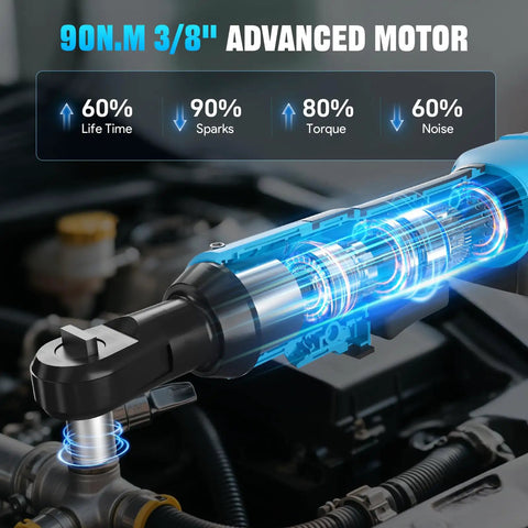 Cordless Three Eighths Inch Electric Ratchet Wrench With Beefy 66 ft-Lbs Torque, 21V Power used in automotive repair context
