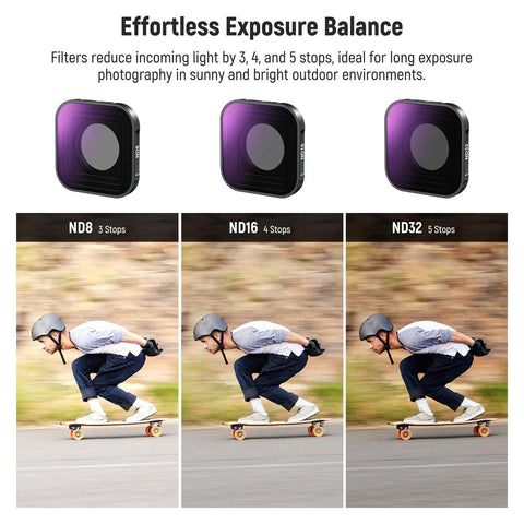 3-pack ND8 ND16 ND32 filters for GoPro Hero 9-13 Black, demonstrating exposure balance for action photography and smooth footage.