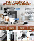 Smooth Operator 20 Bar Espresso Machine With Automatic Milk Frother And Snappy Touchscreen, Stainless Steel cappuccino latte maker with water and milk tanks.