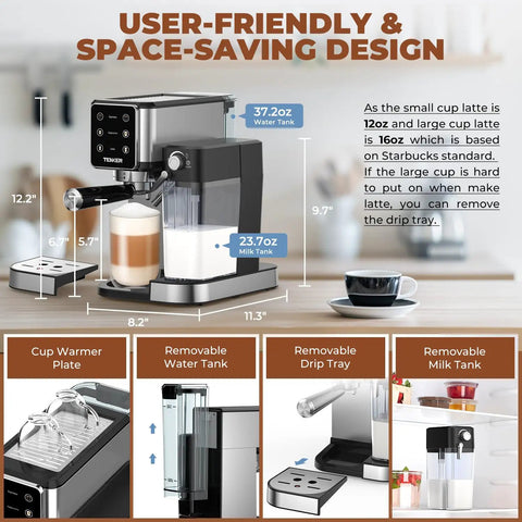 Smooth Operator 20 Bar Espresso Machine With Automatic Milk Frother And Snappy Touchscreen, Stainless Steel cappuccino latte maker with water and milk tanks.
