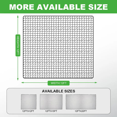 Size options for 12x12 Ft Golf Practice Netting With Thick Border For Backyard And Garage, showing multiple dimensions of netting.