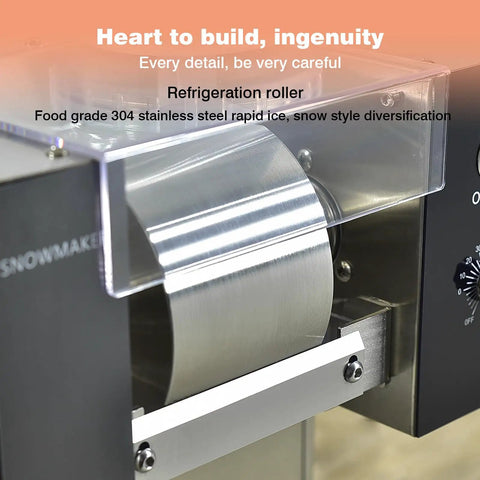 Close-up of refrigeration roller in Heavy Duty Commercial Snow Cone Shaver grinding down ice blocks for smooth flakes.