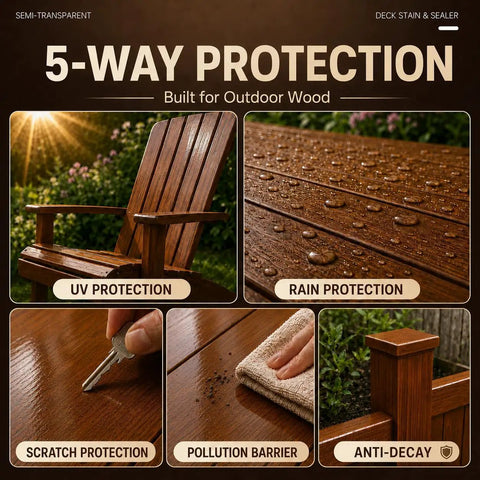 Straight Up Tough Outdoor Wood Stain And Sealer Duo For Deck Fence And Patio Semi Transparent Water Based Shield With Fast Dry Low Odor Formula In Classic Peach Wood Finish showcasing 5-way protection features.