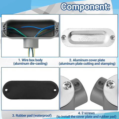 Components of Four Pack 3/4 Inch Threaded T Type Conduit Body With Stamped Steel Cover And Die Cast Aluminum Junction Box