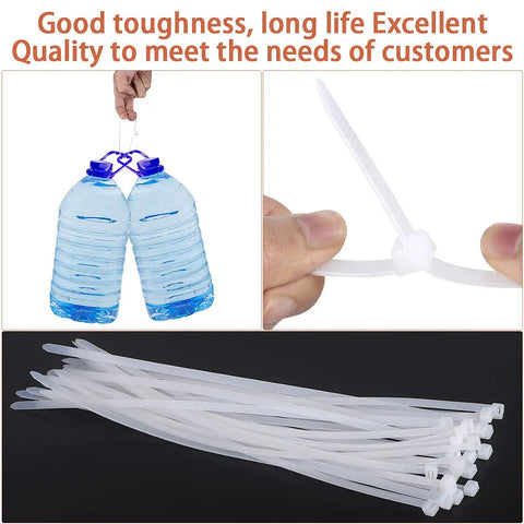 Heavy Duty Nylon Zip Ties 24 Inch Self Locking Wire Ties 30 Pack White for Indoor Outdoor Use displayed in use and coiled
