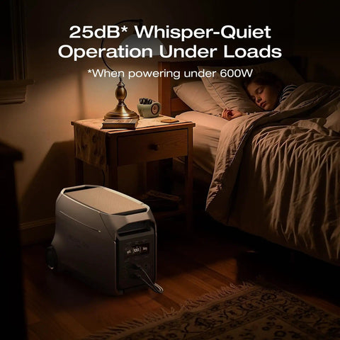 Delta 3 Ultra Plus Portable Power Station with 3072Wh LiFePO4 Battery operating quietly in a bedroom setting next to a sleeping child.