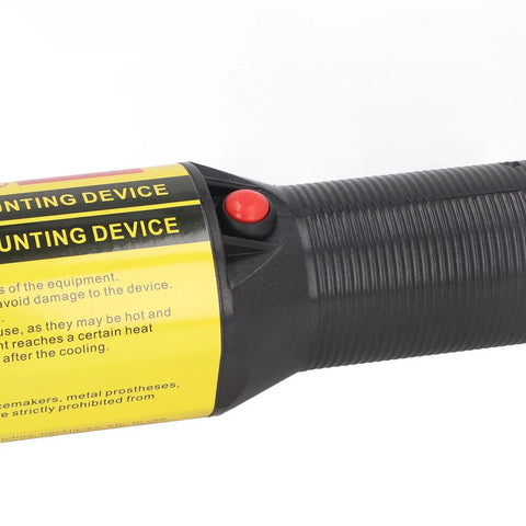Close-up of Heavy Duty 1200W Magnetic Induction Heater With Ten Solid Brass Coils handle with warning label and red button.