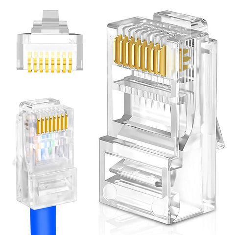 Close-up view of RJ45 connectors included in the Pro Grade Ethernet Crimping Kit With 20 RJ45 Connectors Covers Cable Tester And Wire Stripper Universal RJ11 RJ12 6P 8P Crimp Cut And Strip For Cat5 Cat5e Ideal For DIYers And Tech Pros.